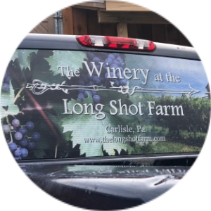 Finished custom perforated vinyl decal with text and logos centered away from window edges and brake lights